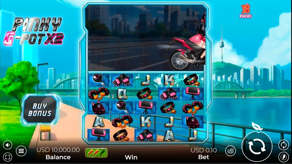 หน้าจอเกมสล็อต Pinky G-Pot X2 พร้อมกราฟิกนีออนสไตล์สตรีทโซล