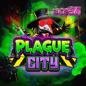 หน้าจอเกมสล็อต Plague City ที่มีบรรยากาศเมืองยามค่ำคืนและสัญลักษณ์นีออน